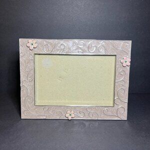 Russ Berrie Cream Colored Floral Jeweled Enamel Metal Rectangular Picture Frame